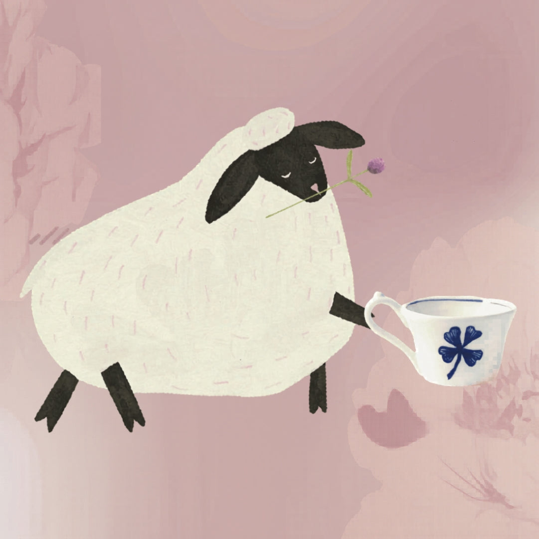 A cartoon sheep holding a porcelain teacup against a pink watercolor-esque background