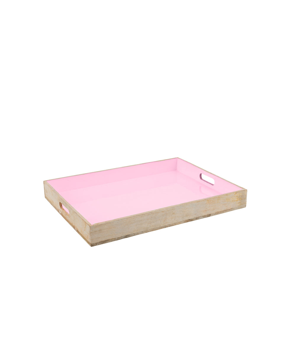 Tray Mango Wood - Pink Enamel / 42 X 6 Cm - rectangular wooden tray smooth matte