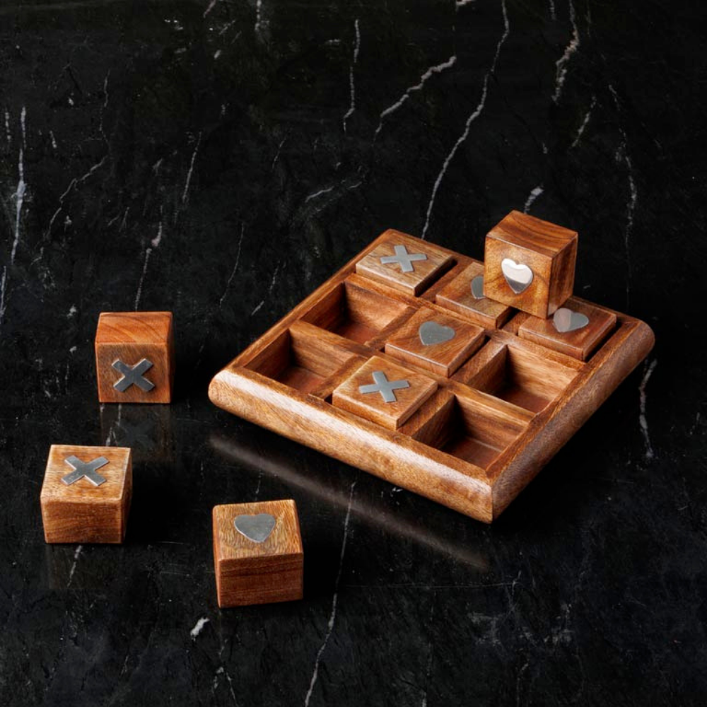 Wooden tic-tac-toe game set with metal inlay X and heart pieces, handmade board game tabletop decor.