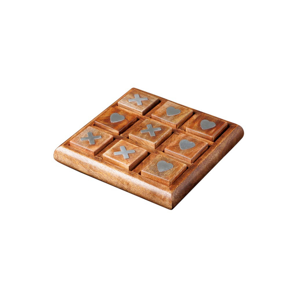 A square wooden tic-tac-toe game board with engraved silver-colored metal symbols, shown on a plain white background.