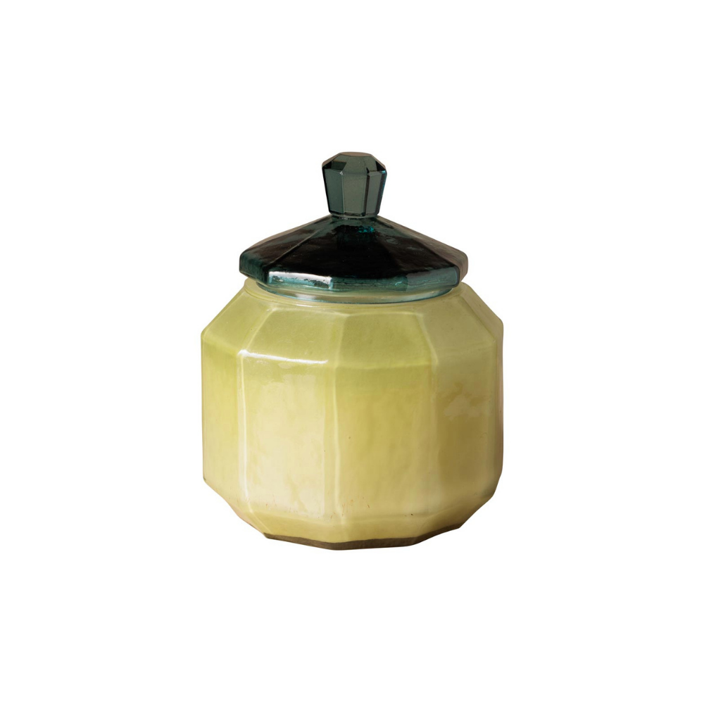 A faceted ceramic jar with a pale yellow body and a dark green faceted lid, shown on a plain white background.