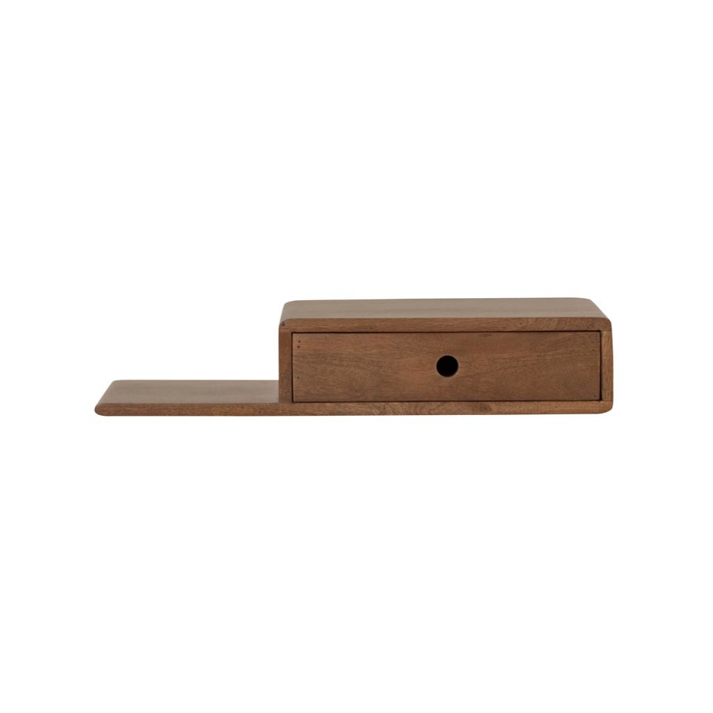 Walnut wood floating shelf with pull-out drawer and black knob, minimalist storage organization furniture.