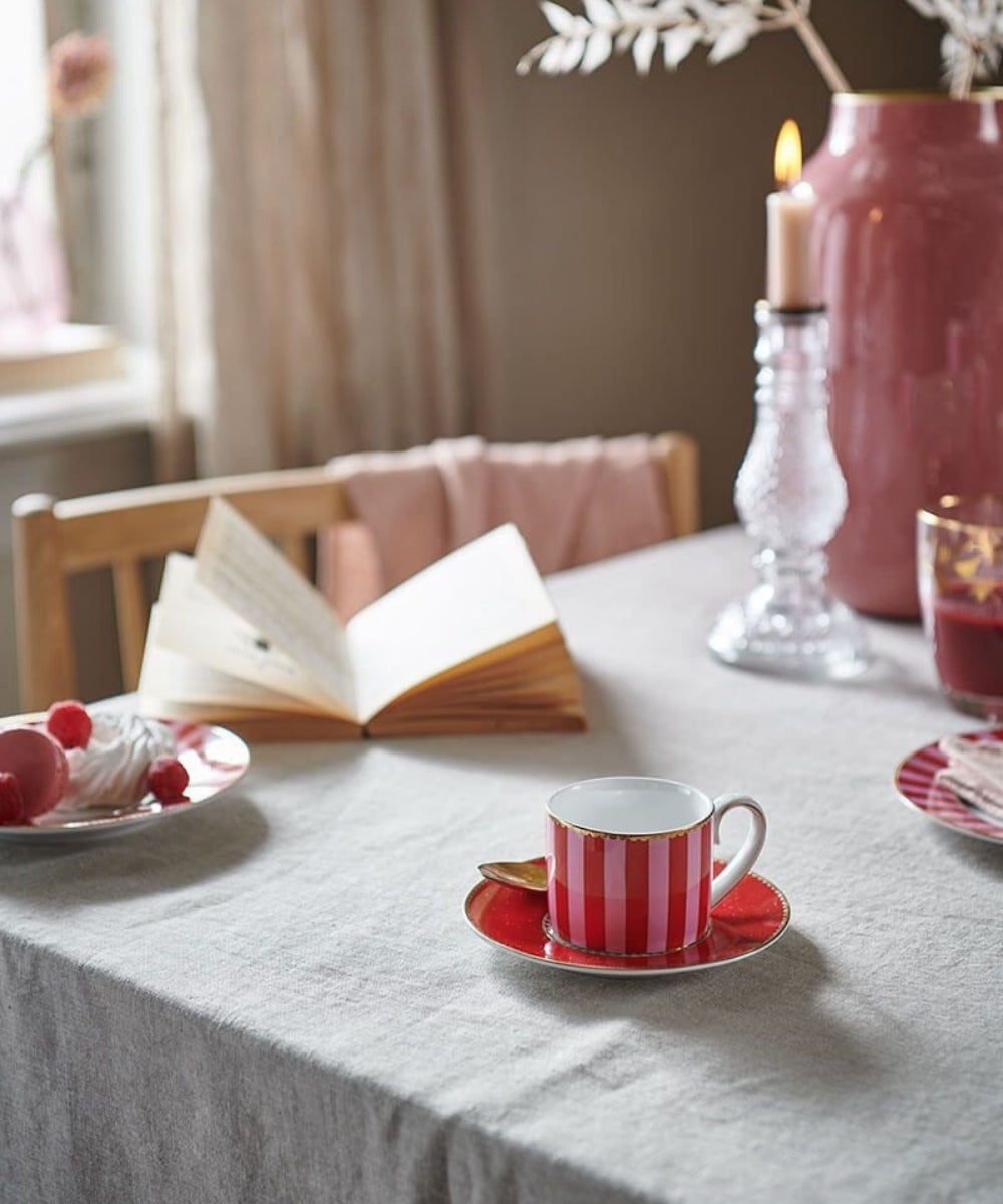 Espresso Cup & Saucer Love Birds Stripes Red-Pink (125 ml) - red white striped ceramic teacup