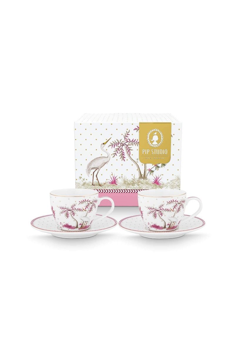 Set/2 Espresso Cups & Saucers Jolie Dots Gold Pink (120 ml) - delicate white porcelain teacup set