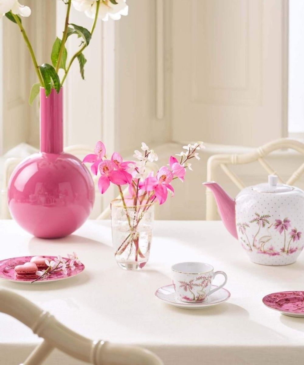 Set/2 Espresso Cups & Saucers Jolie Dots Gold Pink (120 ml) - glossy pink ceramic vase rounded