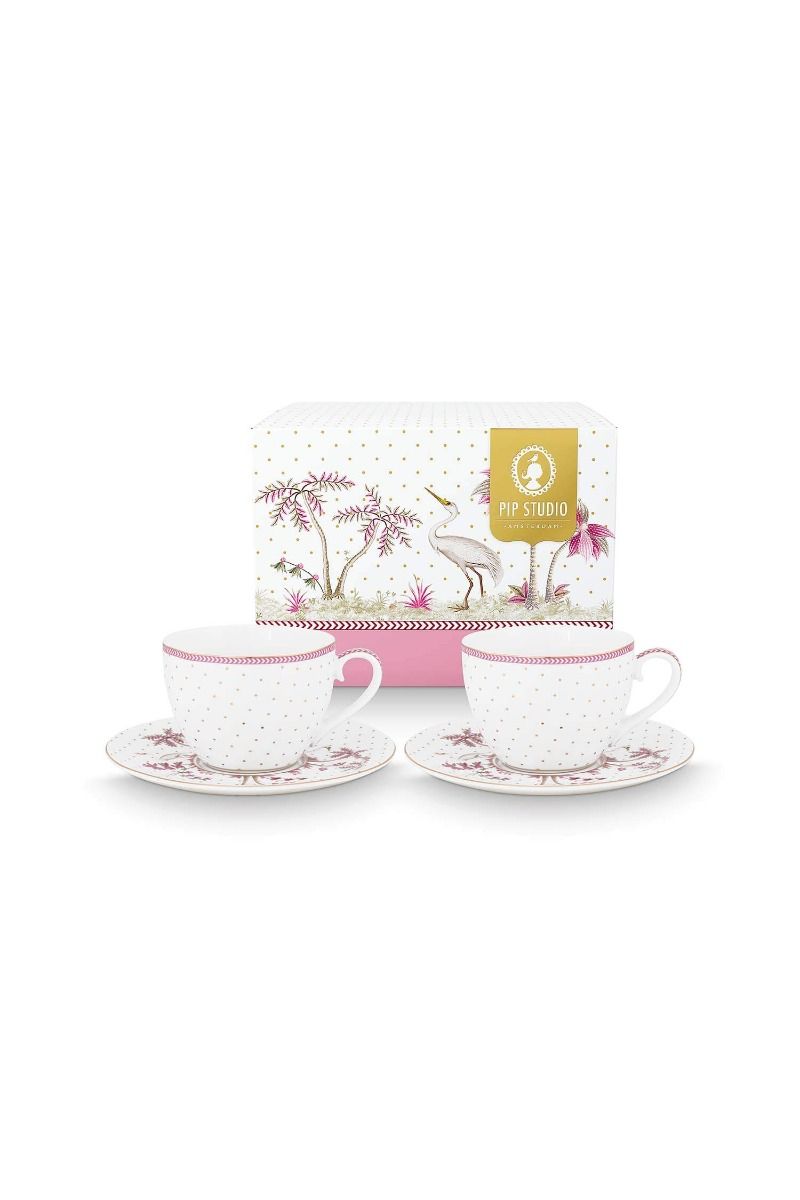 Set/2 Cups & Saucers Jolie Dots Gold Pink (280 ml) - delicate white porcelain teacup set