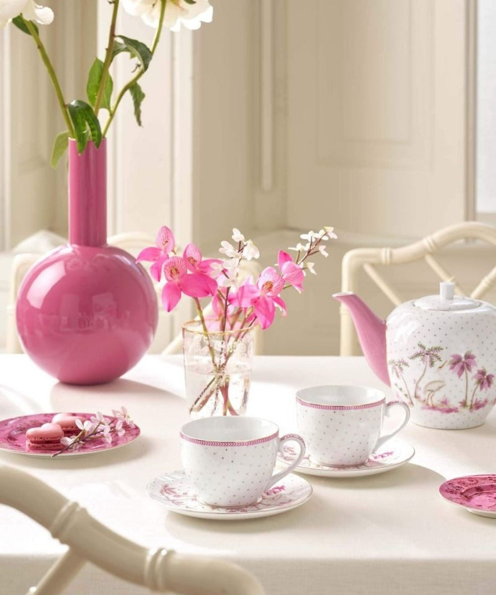 Set/2 Cups & Saucers Jolie Dots Gold Pink (280 ml) - glossy pink ceramic vase rounded