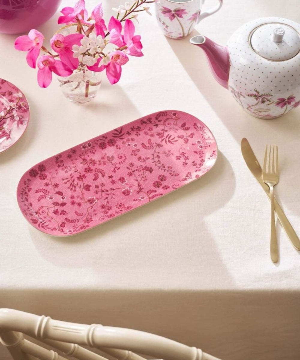 Cake Tray Rectangular Jolie Flowers Pink 33.3X15.5Cm - vibrant pink rectangular tray adorned