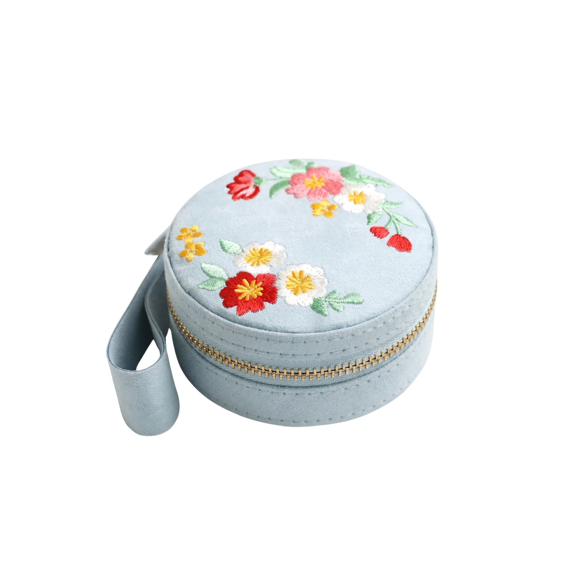 Lisa Angel Embroidered Flowers Mini Round Velvet Jewelry Case W- 9 cm H- 4.5 cm D- 9 cm