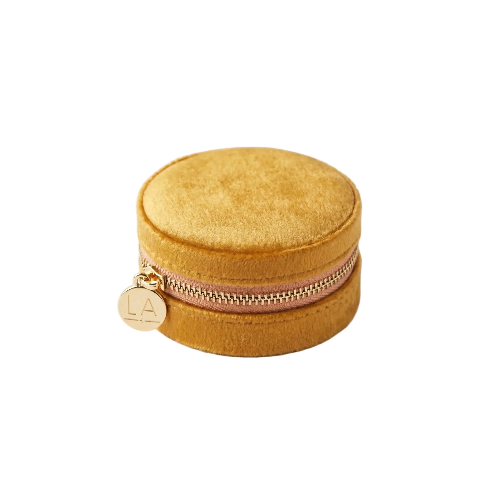 Lisa Angel Mustard Round Velvet Jewelry Case with Floral Lining W- 7.8 cm H- 4 cm D- 7.8 cm