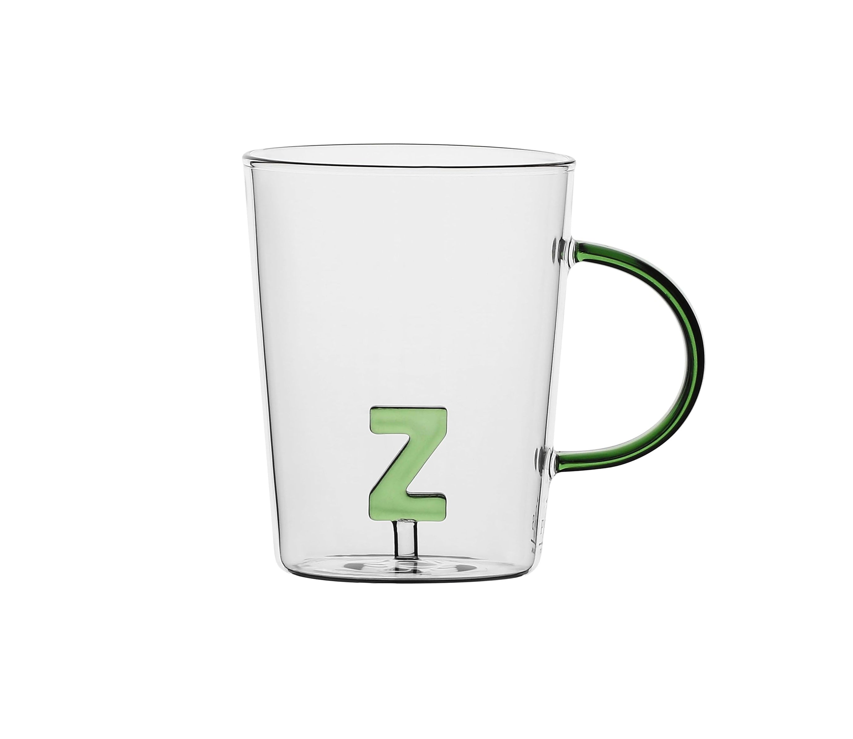 Allalettera Mug Z - clear glass mug green handle