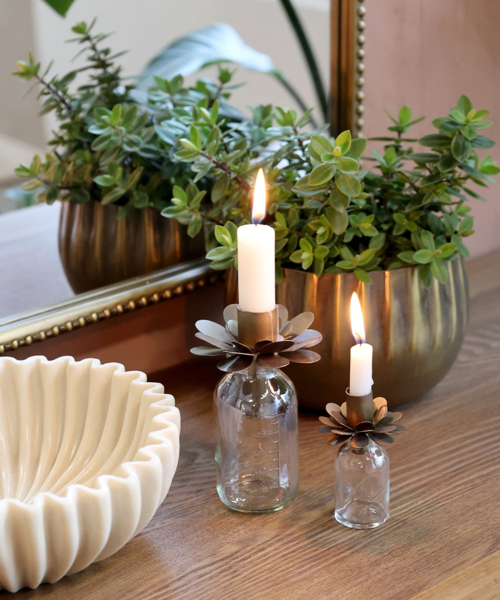 Bottle w. candleholder for taper candle H7.5/D5 cm antique brass