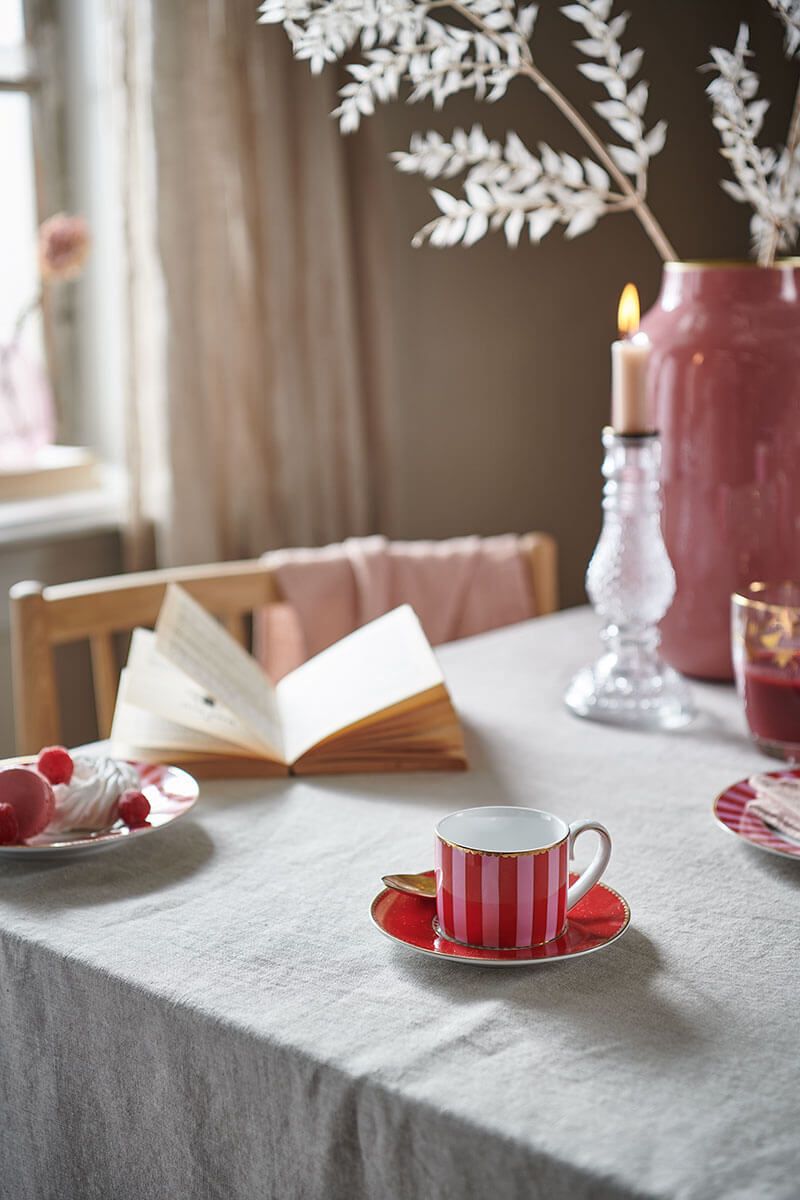 Pip Studio | Set/2 Espresso Cups & Saucers Love Birds Stripes Red-Pink | 100 ml | Porcelain