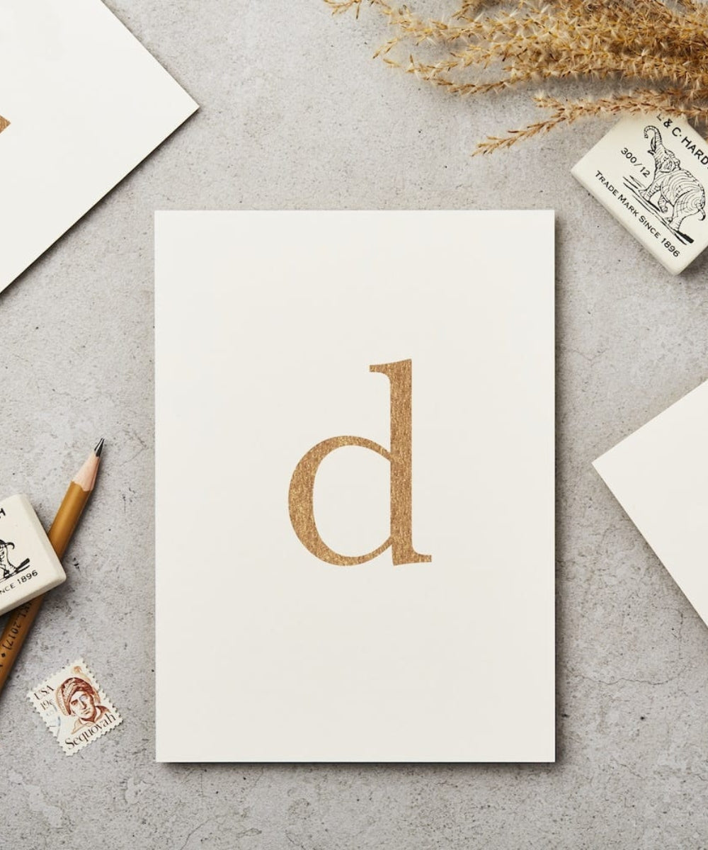 Lowercase Initial Postcard (D) - minimalist white notepad gold foil