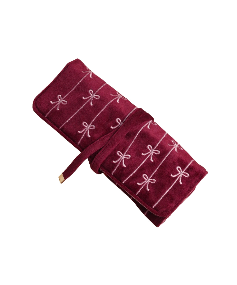 Burgundy Bow Embroidered Velvet Jewellery Roll
