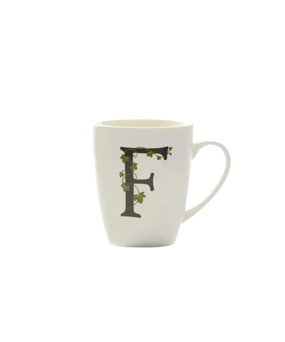 Atupertu Mug Letter ’F’ Cc 380 Gb - white ceramic mug dark green