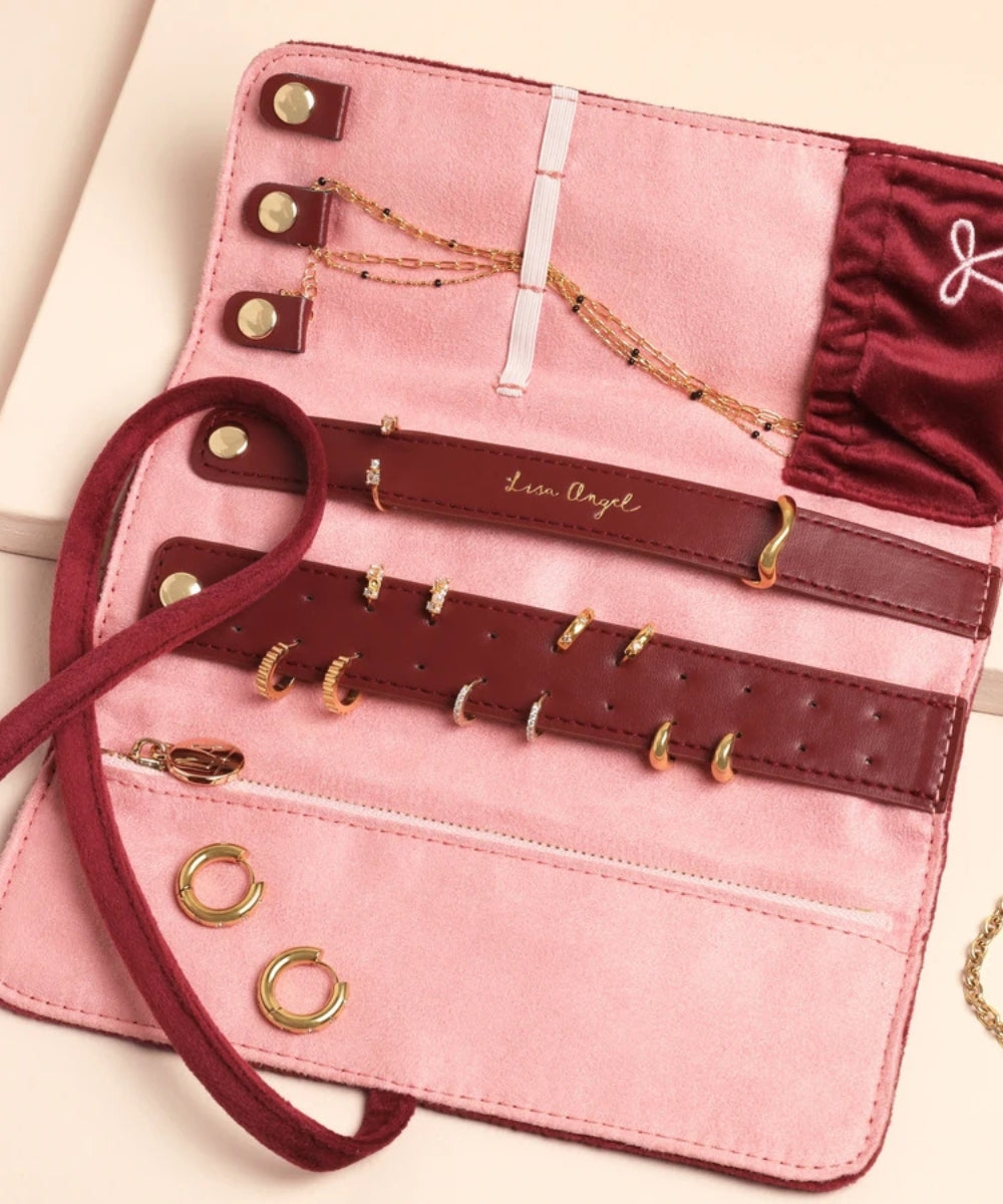 Burgundy Bow Embroidered Velvet Jewellery Roll