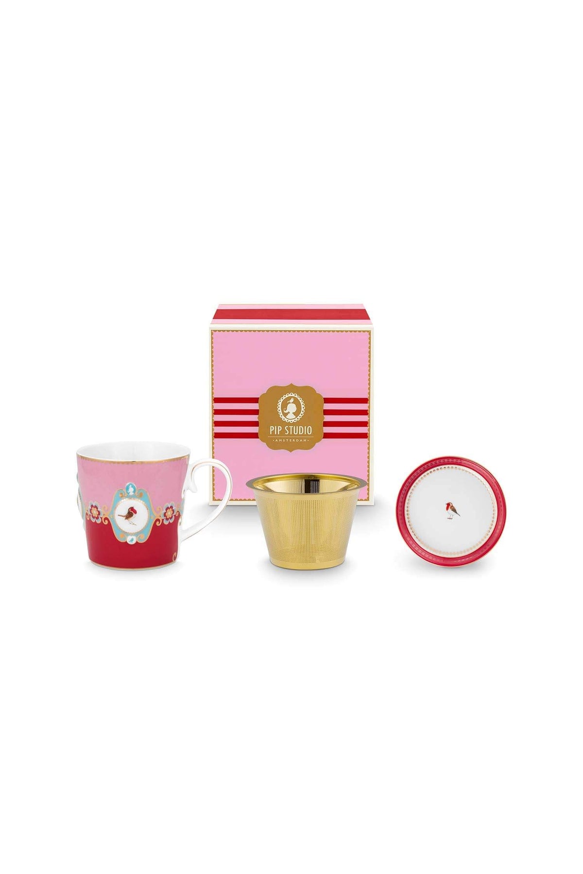 Pip Studio | Tea for One Love Birds Medallion Red-Pink | D- 9 cm 300 ml | Porcelain