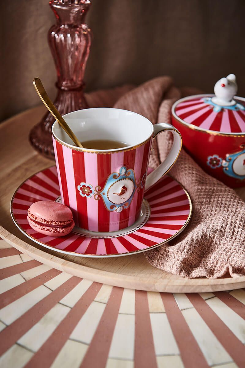 Pip Studio | Tea for One Love Birds Medallion Stripes Red-Pink | D- 9 cm 300 ml | Porcelain