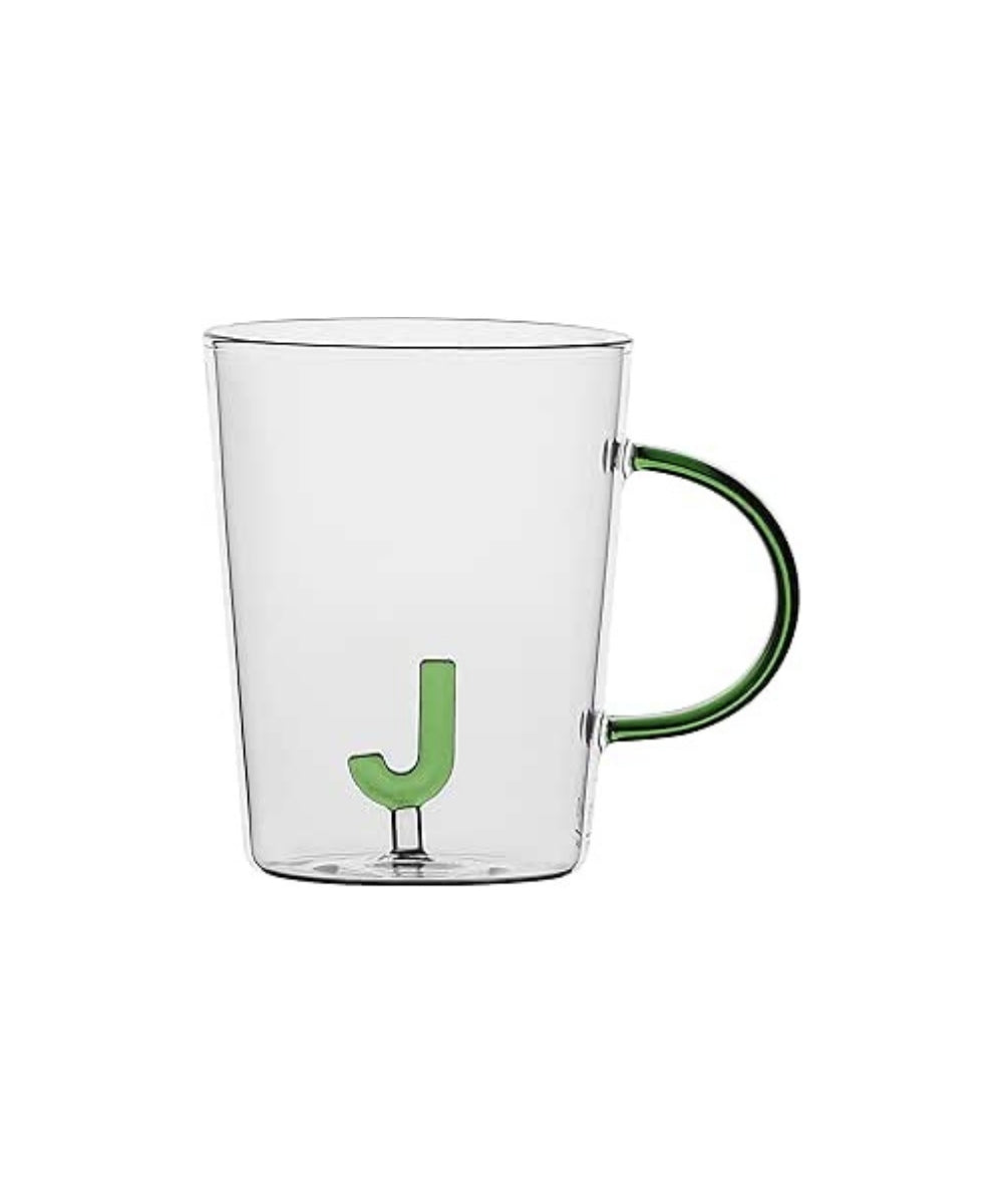 Allalettera Mug J - clear glass mug green handle