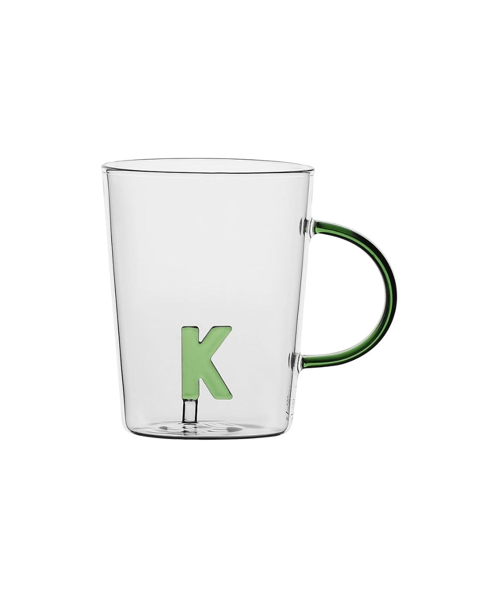 Allalettera Mug K - clear glass mug green handle