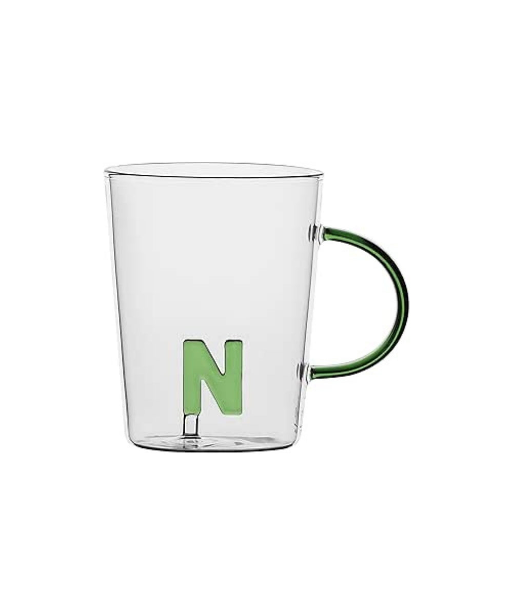 Allalettera Mug N - clear glass mug green handle