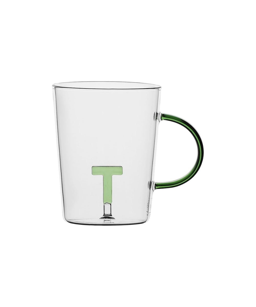 Allalettera Mg T - clear glass mug green handle