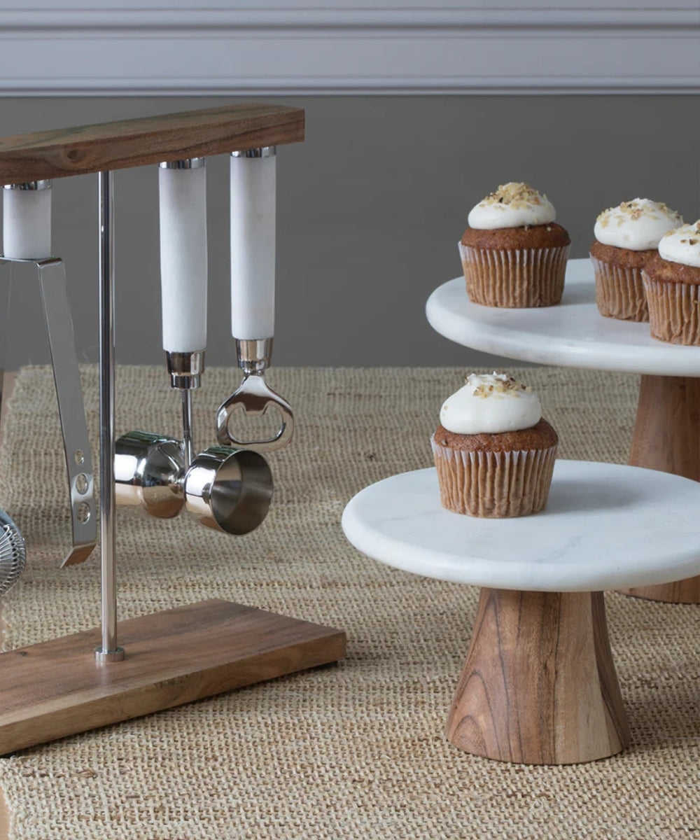 White Marble & Wood Cake Stand