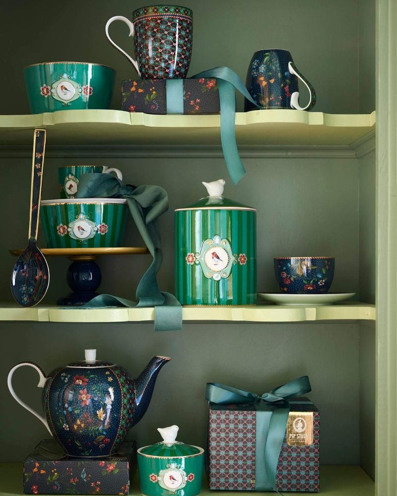 Pip Studio | Storage Jar Love Birds Medallion Stripes Emerald-Green | L- 13.5 cm W- 13.5 cm H- 19.5 cm | Porcelain