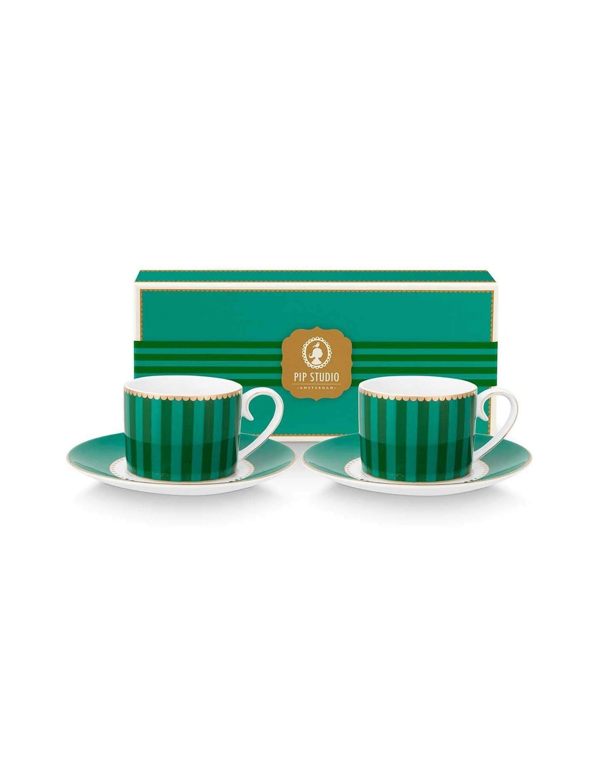 Pip Studio | Set/2 Espresso Cups & Saucers Love Birds Stripes Emerald-Green | 100 ml | Porcelain