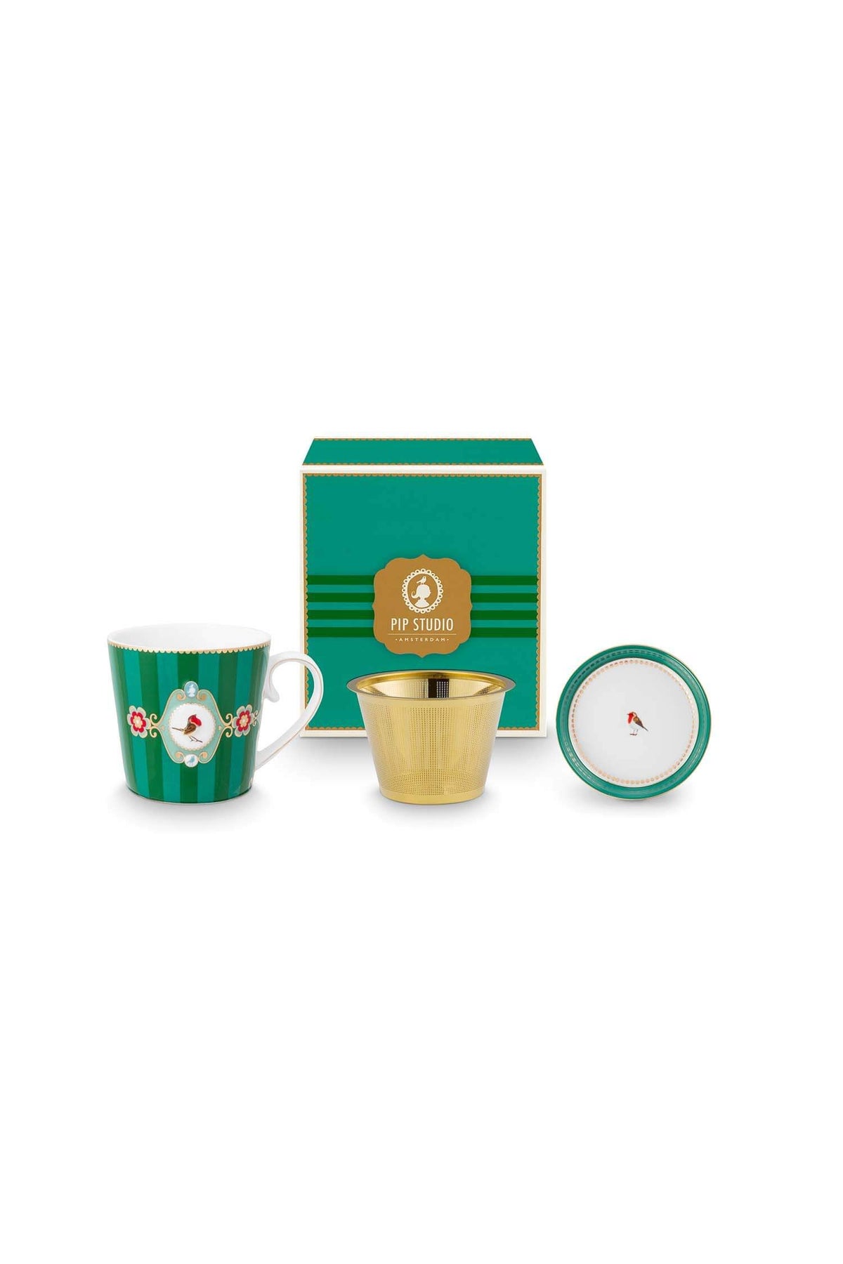 Pip Studio | Tea for One Love Birds Medallion Stripes Emerald-Green | 300 ml | Porcelain