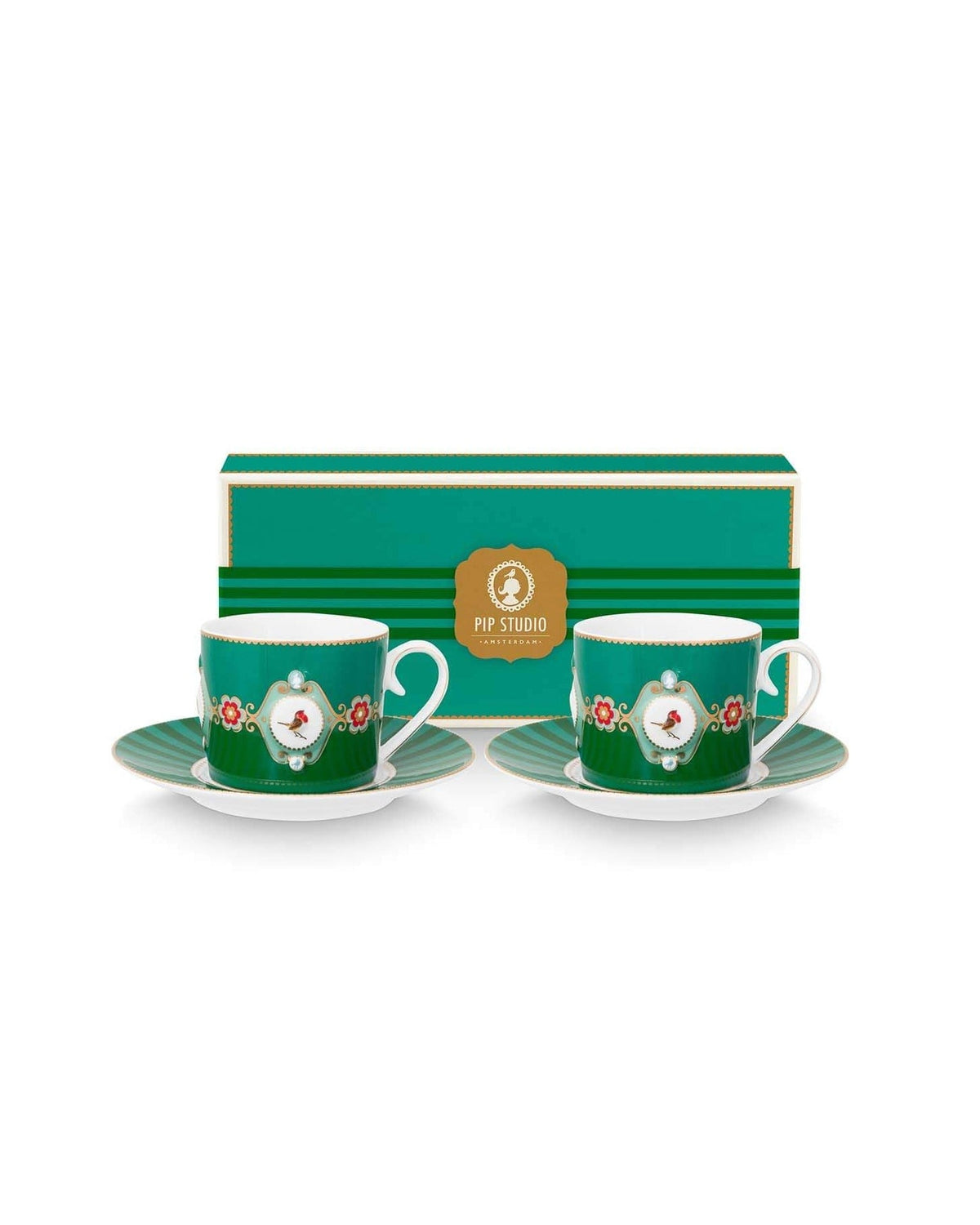 Pip Studio | Set/2 Cups & Saucers Love Birds Medallion Emerald-Green | 250 ml | Porcelain