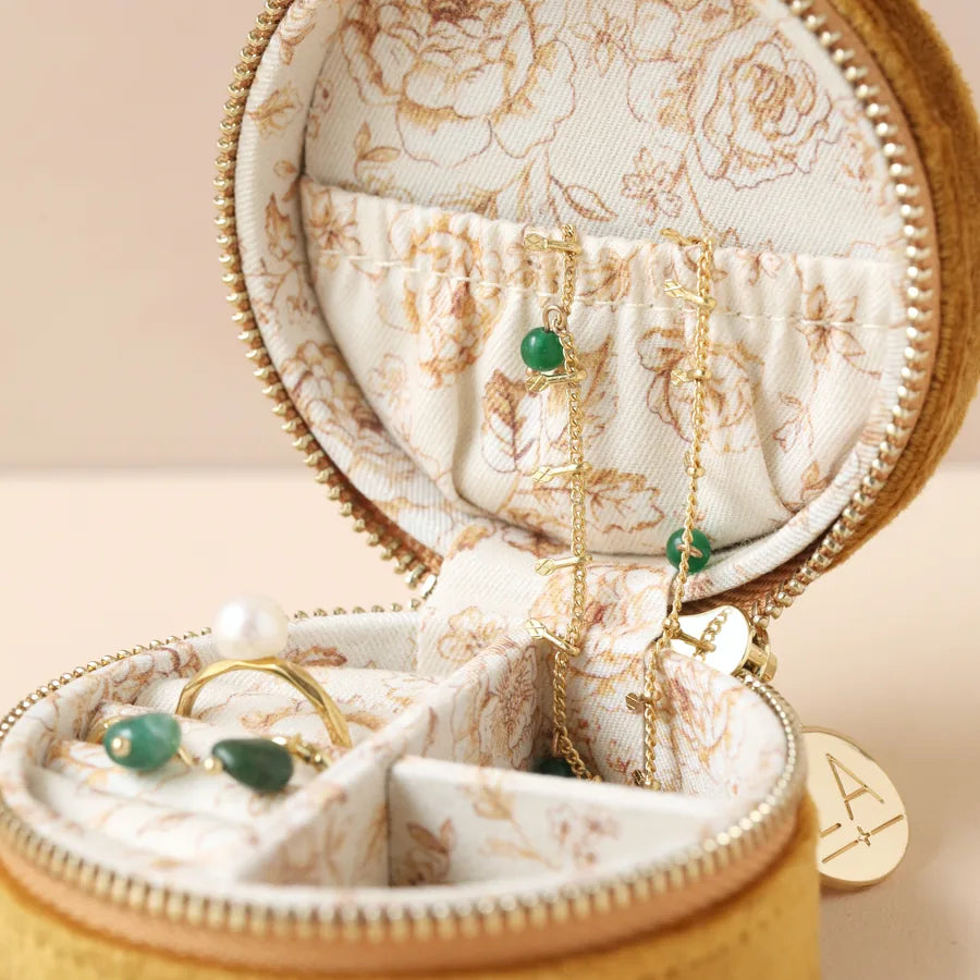 Lisa Angel Mustard Round Velvet Jewelry Case with Floral Lining W- 7.8 cm H- 4 cm D- 7.8 cm