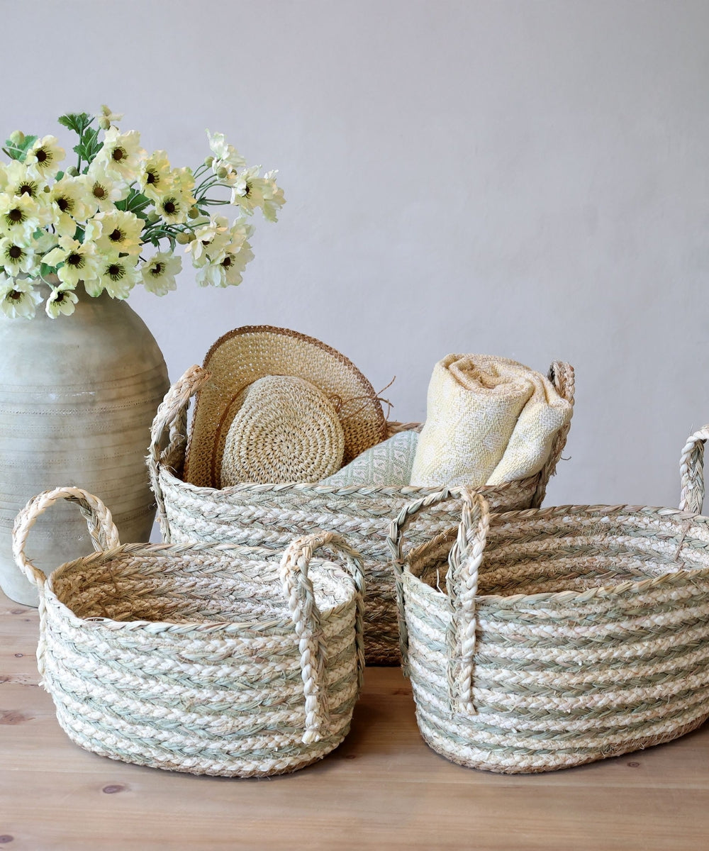 Basket H19/L32/W22 cm cream & verte
