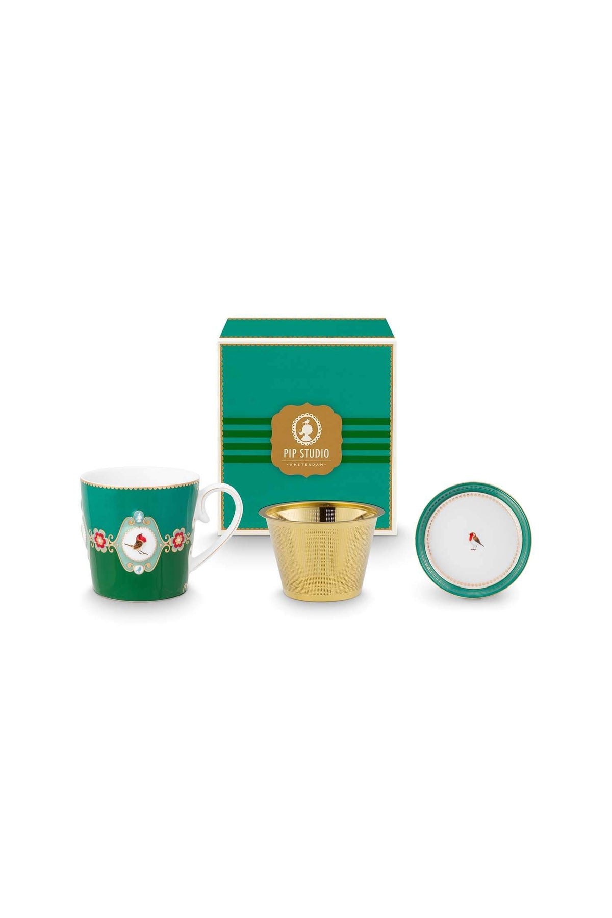 Pip Studio | Tea for One Love Birds Medallion Emerald-Green | D- 9 cm|Porcelain