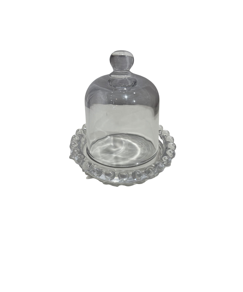 Round Butter Dish With Glass Lid Balls - clear glass cloche beaded rim