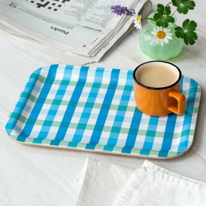 Rex London Wooden tray - Blue Gingham L- 28 cm W- 20 cm H- 1.4 cm