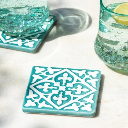 Rex London Ceramic tile coasters (set of 2) - Turquoise L- 9.4 cm W- 9.4 cm H- 0.8 cm