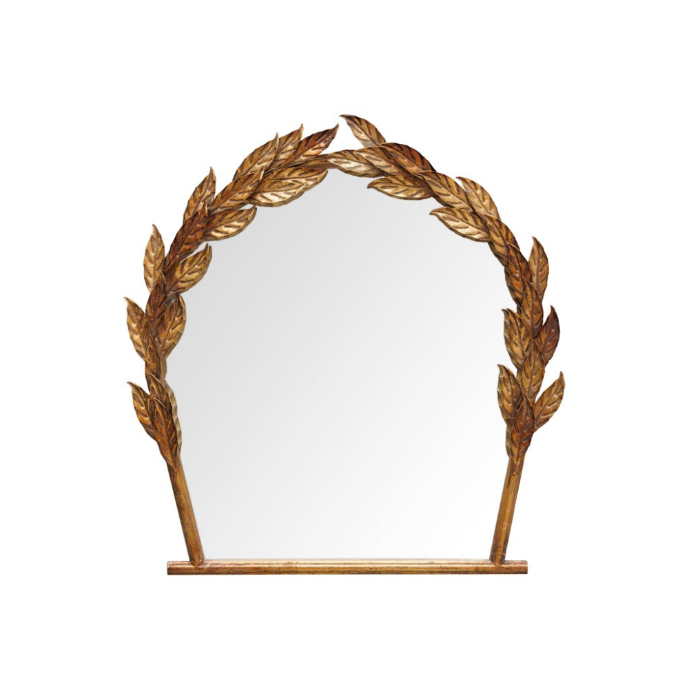 An arched wall mirror with a decorative gold leaf laurel wreath frame and a matching horizontal base, shown against a plain white background.