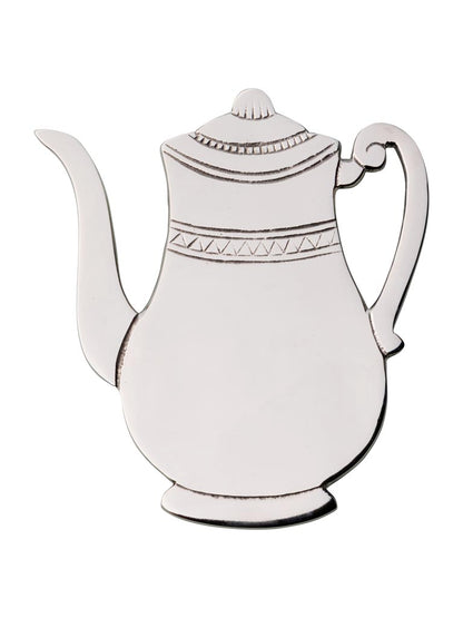 Cream ceramic teapot trivet with geometric band pattern detail, decorative kitchen hot pad serving piece.