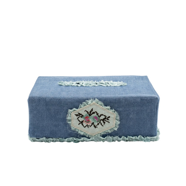 Kabale Tissue Box Cover in Linen Fabric L- 25 cm W- 12 cm Denim Blue