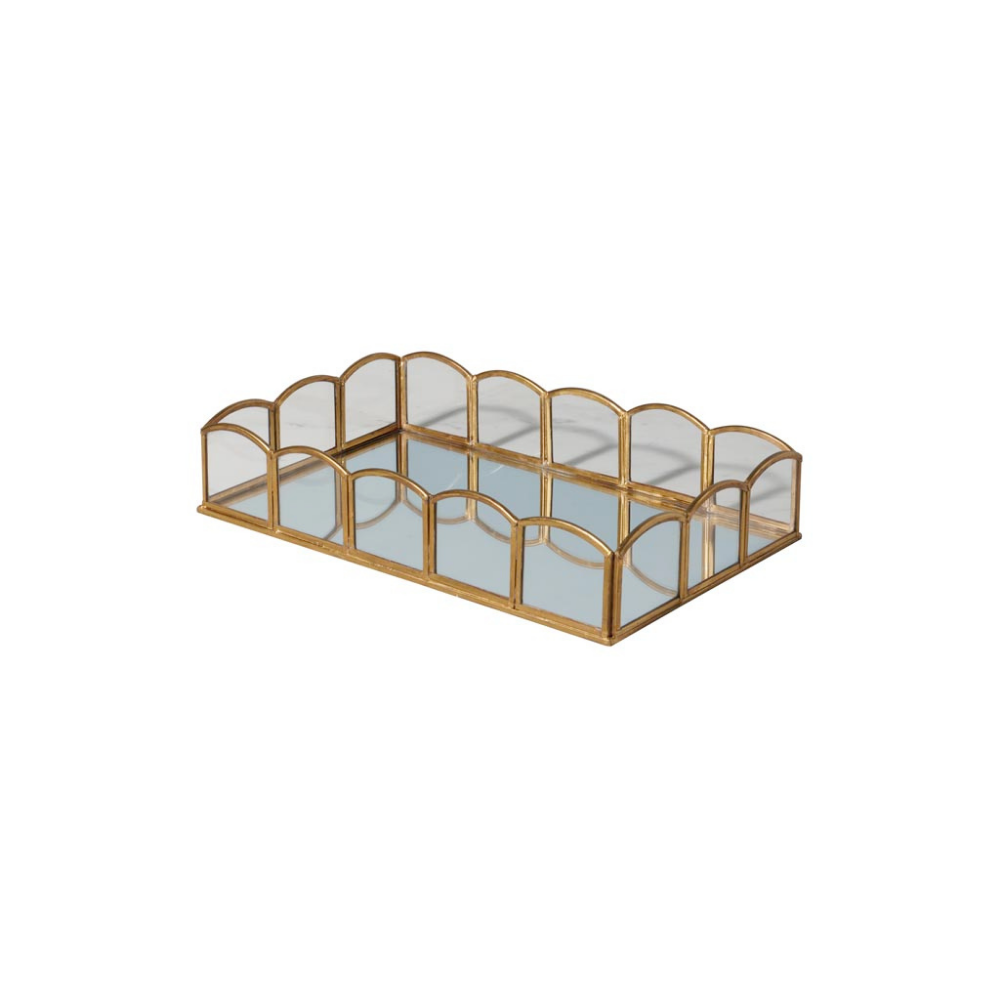A rectangular gold-framed tray with mirrored glass panels and arched top details, shown on a plain white background.