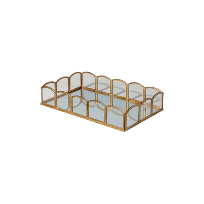 A rectangular gold-framed tray with mirrored glass panels and arched top details, shown on a plain white background.