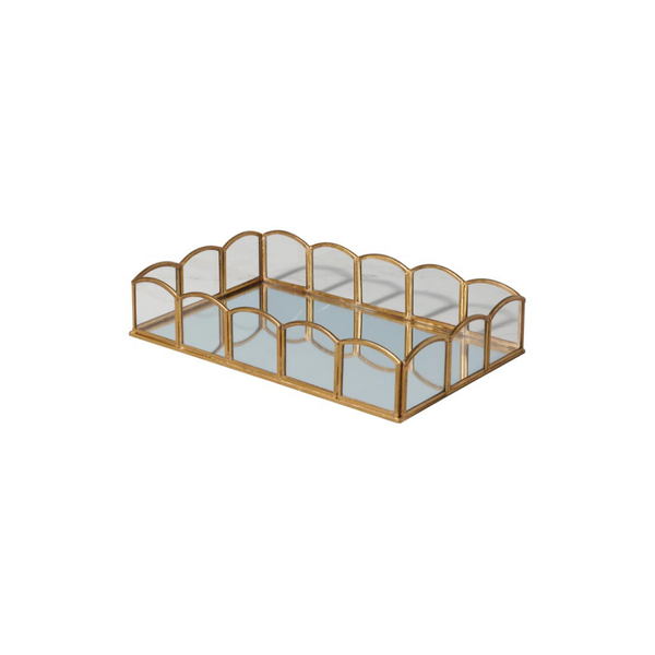 A rectangular gold-framed tray with mirrored glass panels and arched top details, shown on a plain white background.