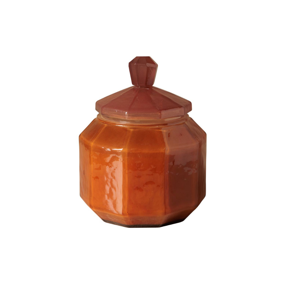 An octagonal ceramic jar with a matching lid, featuring a glossy reddish-brown glaze and a faceted top knob, set against a plain white background.