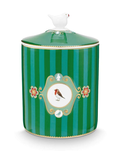 Pip Studio | Storage Jar Love Birds Medallion Stripes Emerald-Green | L- 13.5 cm W- 13.5 cm H- 19.5 cm | Porcelain