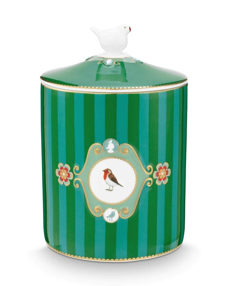 Pip Studio | Storage Jar Love Birds Medallion Stripes Emerald-Green | L- 13.5 cm W- 13.5 cm H- 19.5 cm | Porcelain