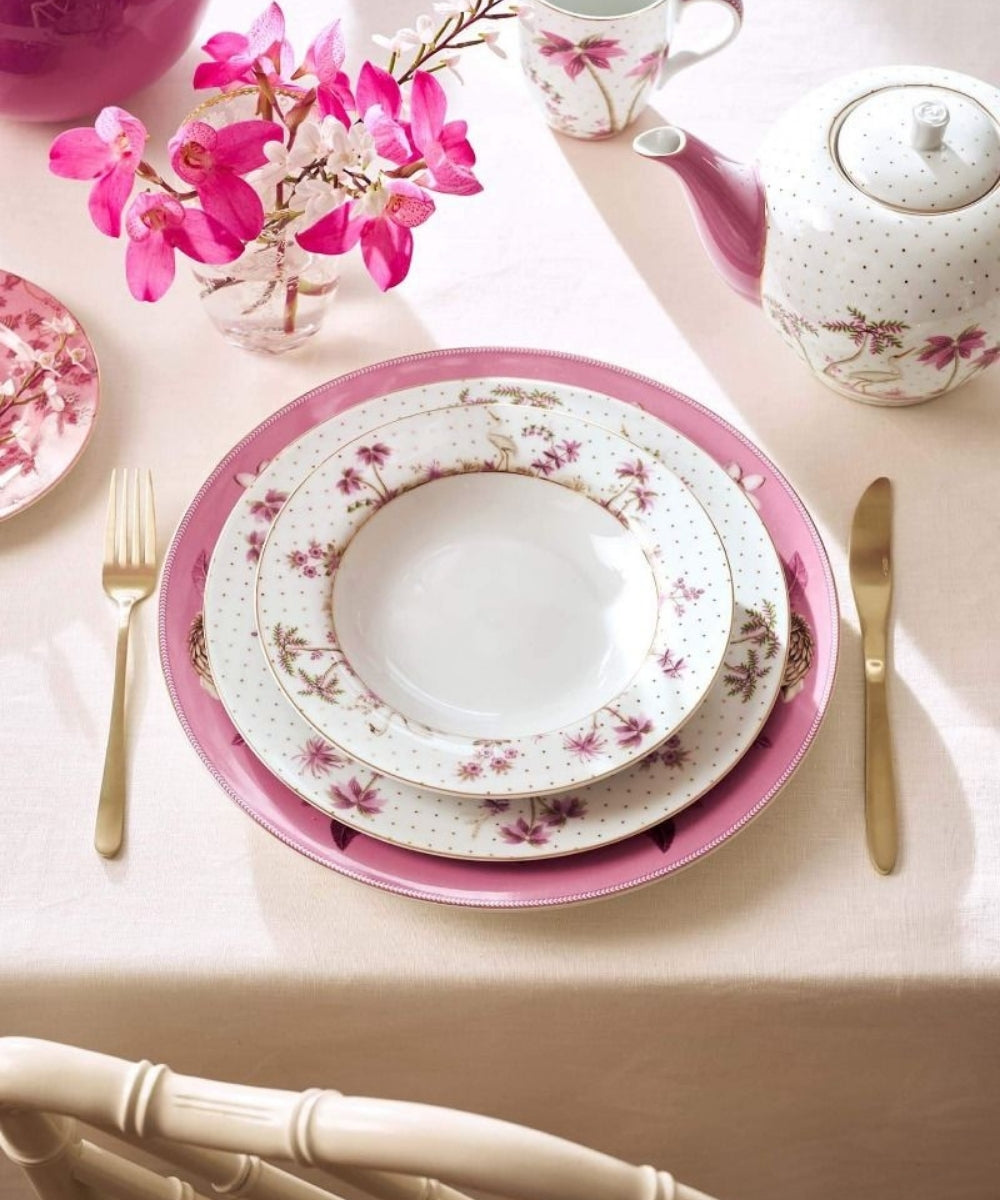 Deep Plate Jolie Dots Gold Pink 21.5Cm - pink floral-patterned ceramic dinnerware set