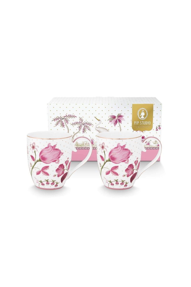Set/2 Mugs Xl Jolie Tulip Pink 450Ml - two white ceramic mugs pink