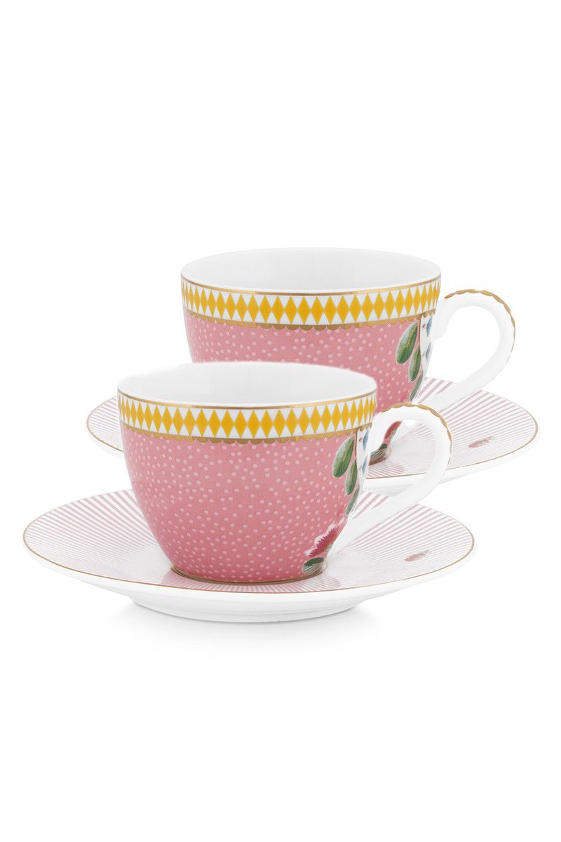 Set/2 Espresso Cups & Saucers La Majorelle Pink (120 ml) - pink ceramic teacup gold-trimmed yellow